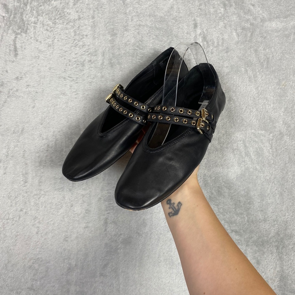 Steve Madden Lydia Black Leather Double Mary Jane Grommet Flats Womens 9.5